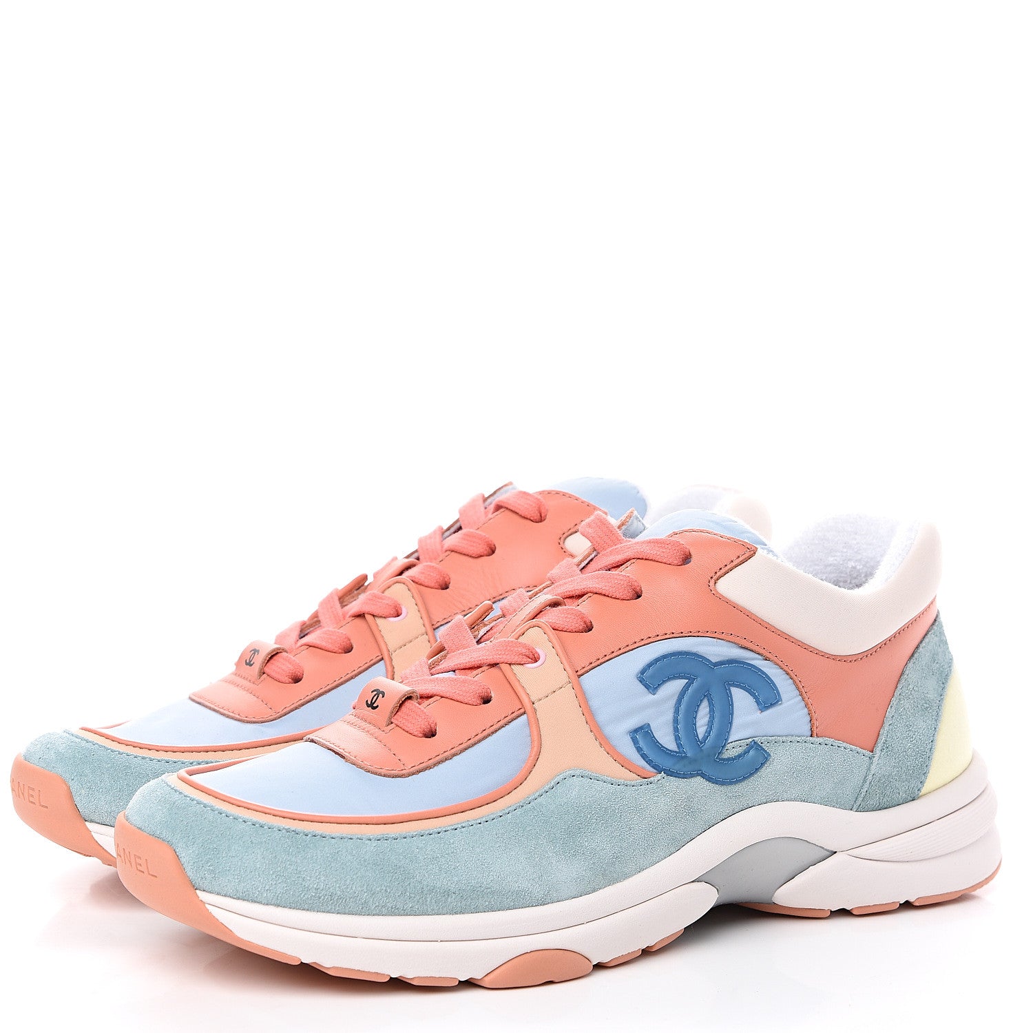 Chanel Nylon Lambskin Suede Calfskin CC Sneakers 40.5 Coral Light Blue White 3 of 9