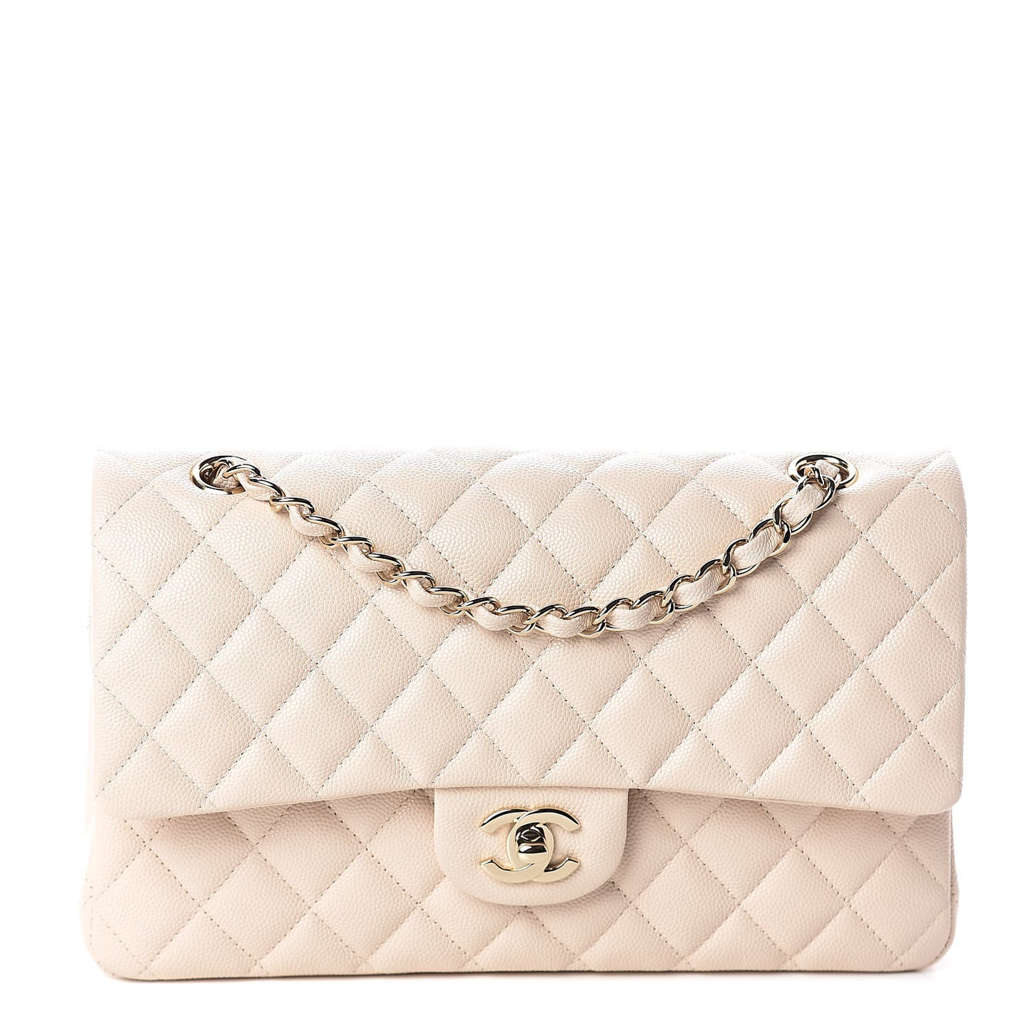 Iridescent Caviar Quilted Medium Double Flap Beige