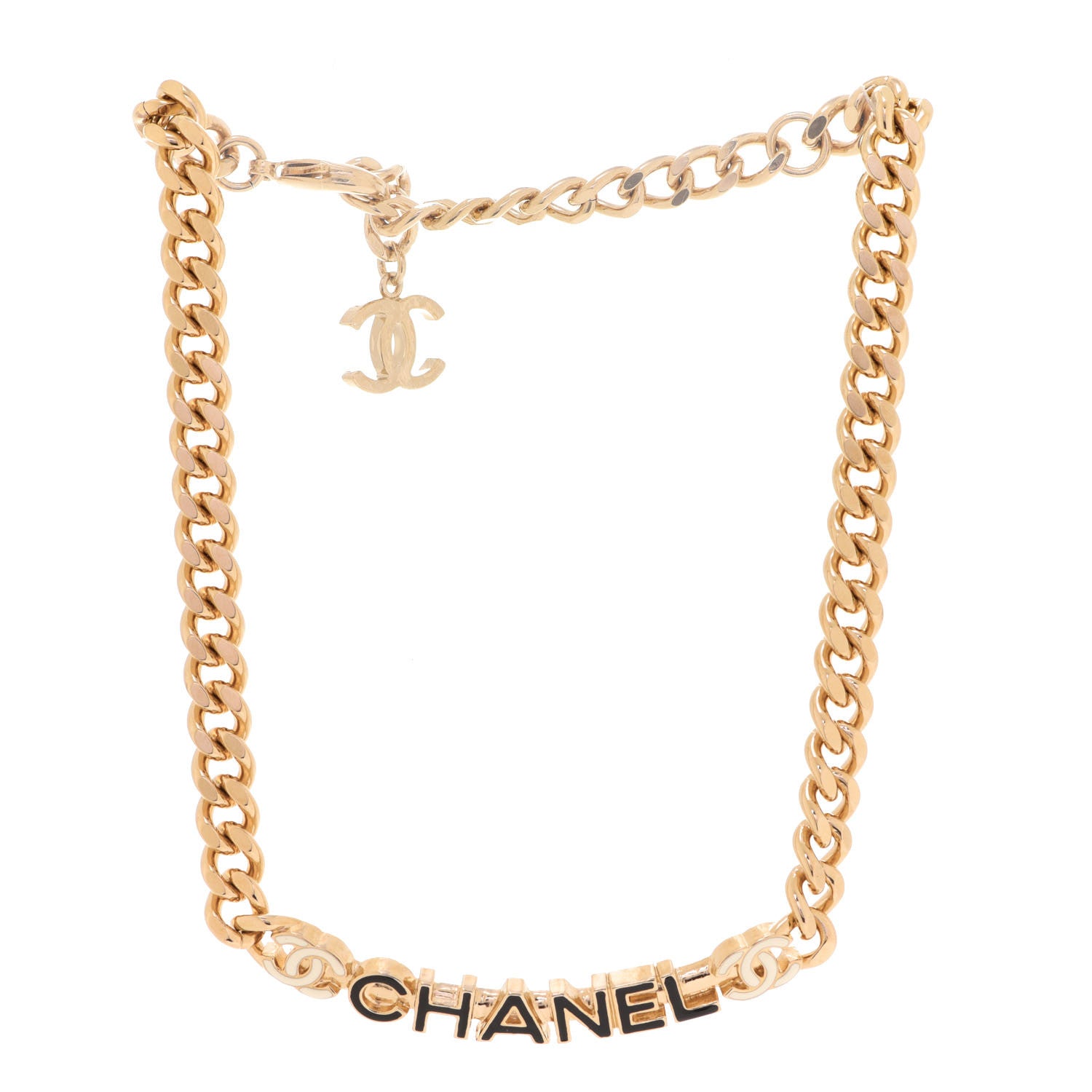 Chanel Enamel Metal Logo Choker Necklace Gold White Black 3 of 5