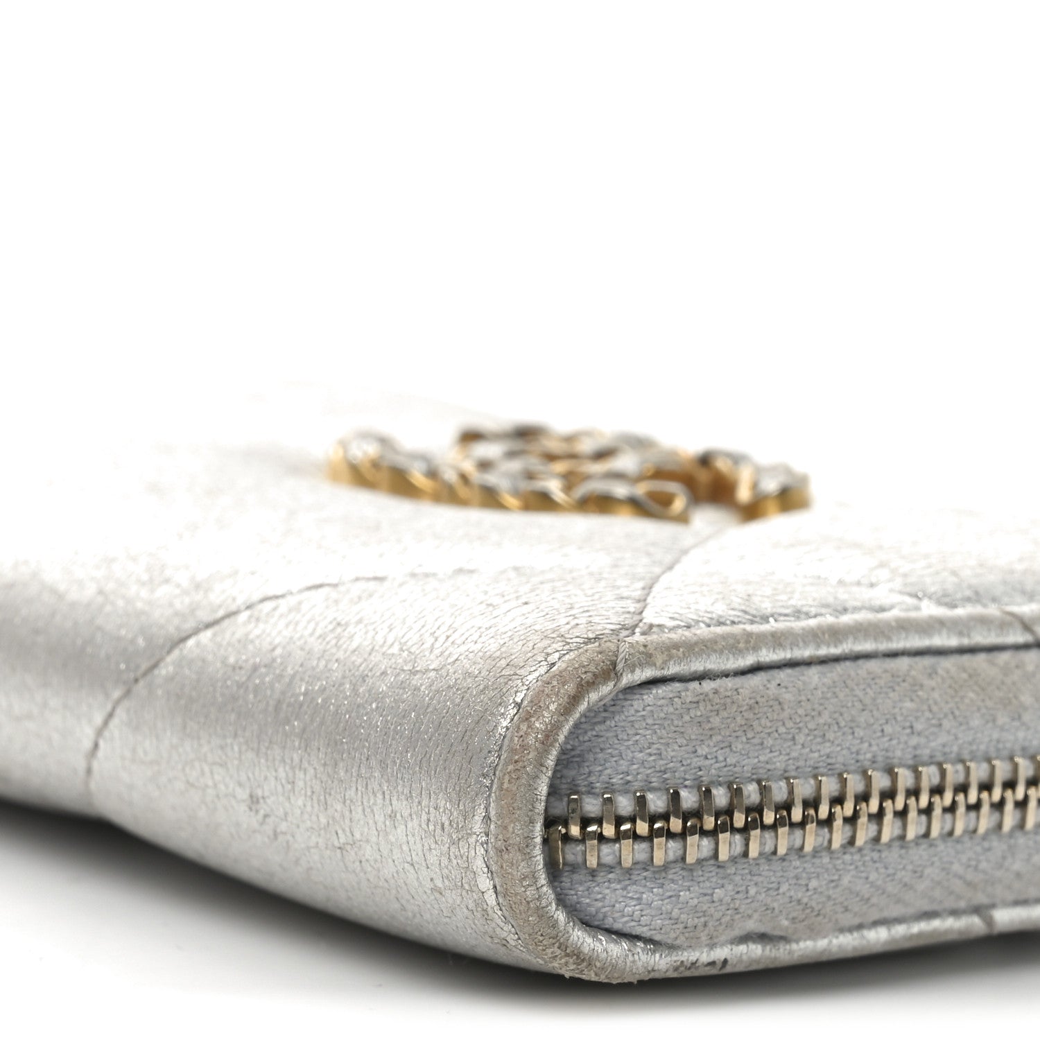 Chanel Metallic Lambskin Quilted Chanel 19 Zip Around Coin Purse Wallet Silver 9 of 10