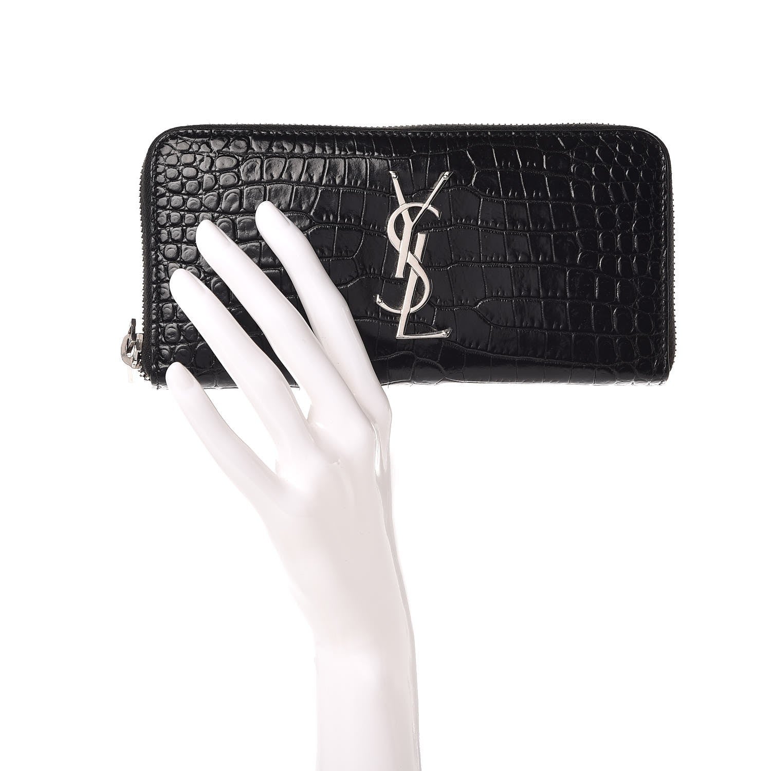 Saint Laurent Calfskin Crocodile Embossed Monogram Zip Around Wallet Black 2 of 8