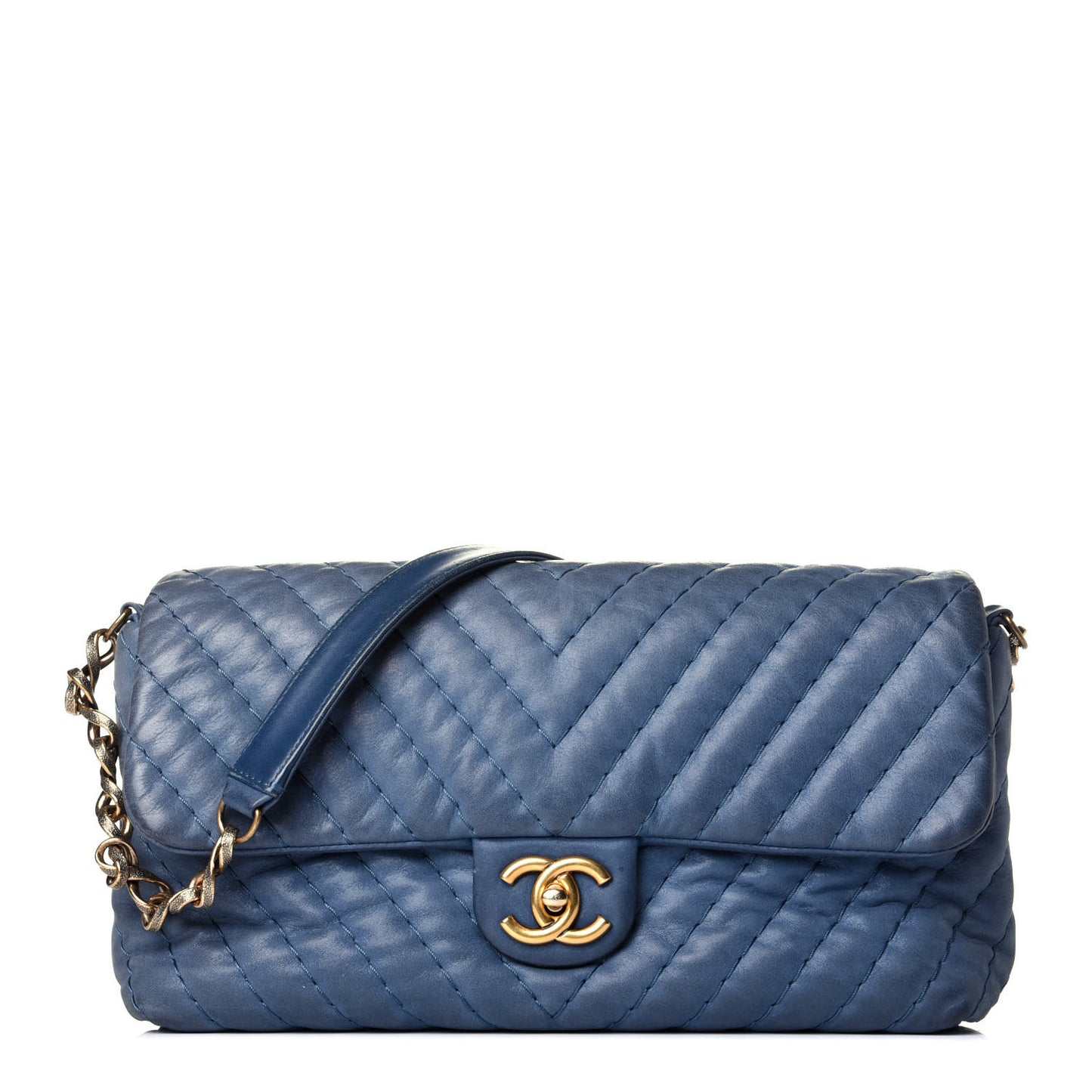 Iridescent Calfskin Surpique Chevron Jumbo Flap Blue
