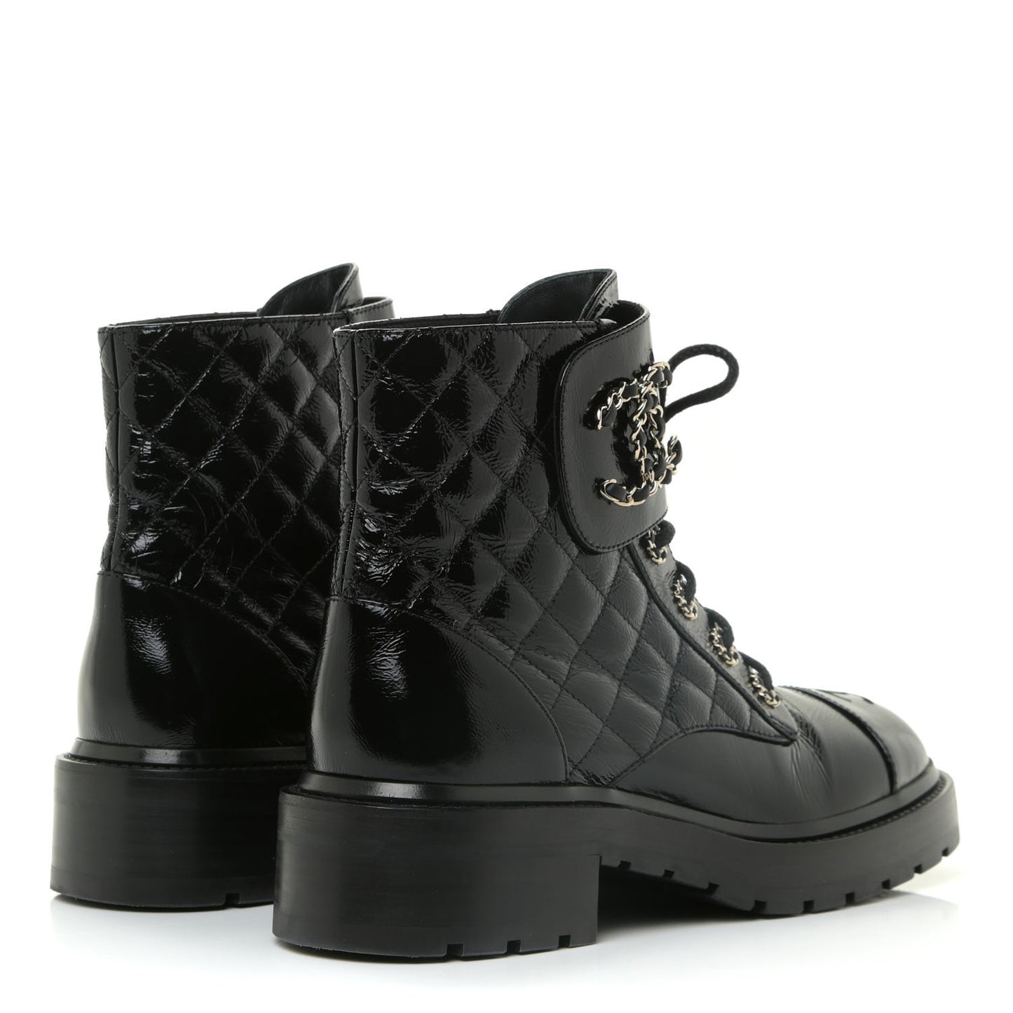 Shiny Calfskin Quilted Lace Up Combat Boots 38.5 Black