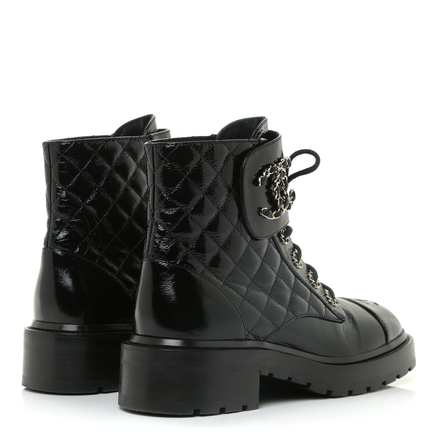 Chanel Shiny Calfskin Quilted Lace Up Combat Boots 38.5 Black 4 of 14