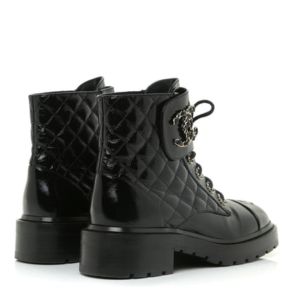 Chanel Shiny Calfskin Quilted Lace Up Combat Boots 38.5 Black 4 of 14