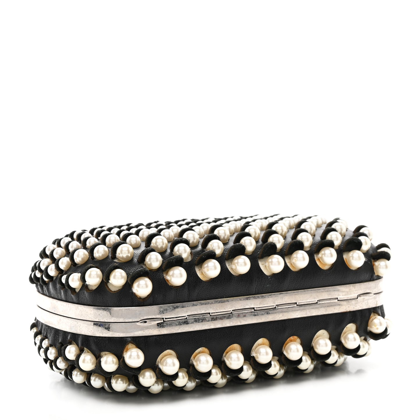 Pearl Embellished Calfskin Skull Box Clutch Black