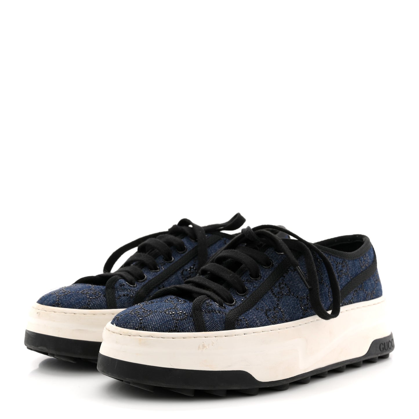 Denim Crystal GG Monogram Womens 1977 Platform Tennis Sneakers 39 Blue Black