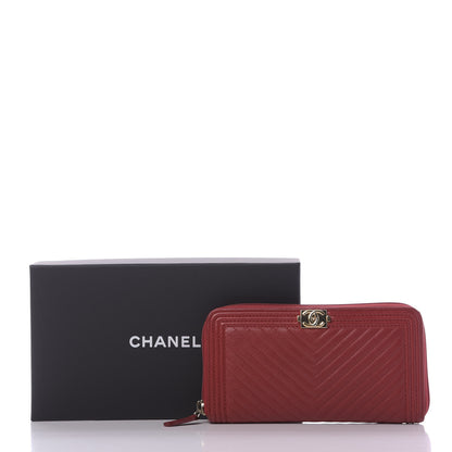 Chanel Lambskin Chevron Quilted Zip Around Boy Wallet Red 15 of 15