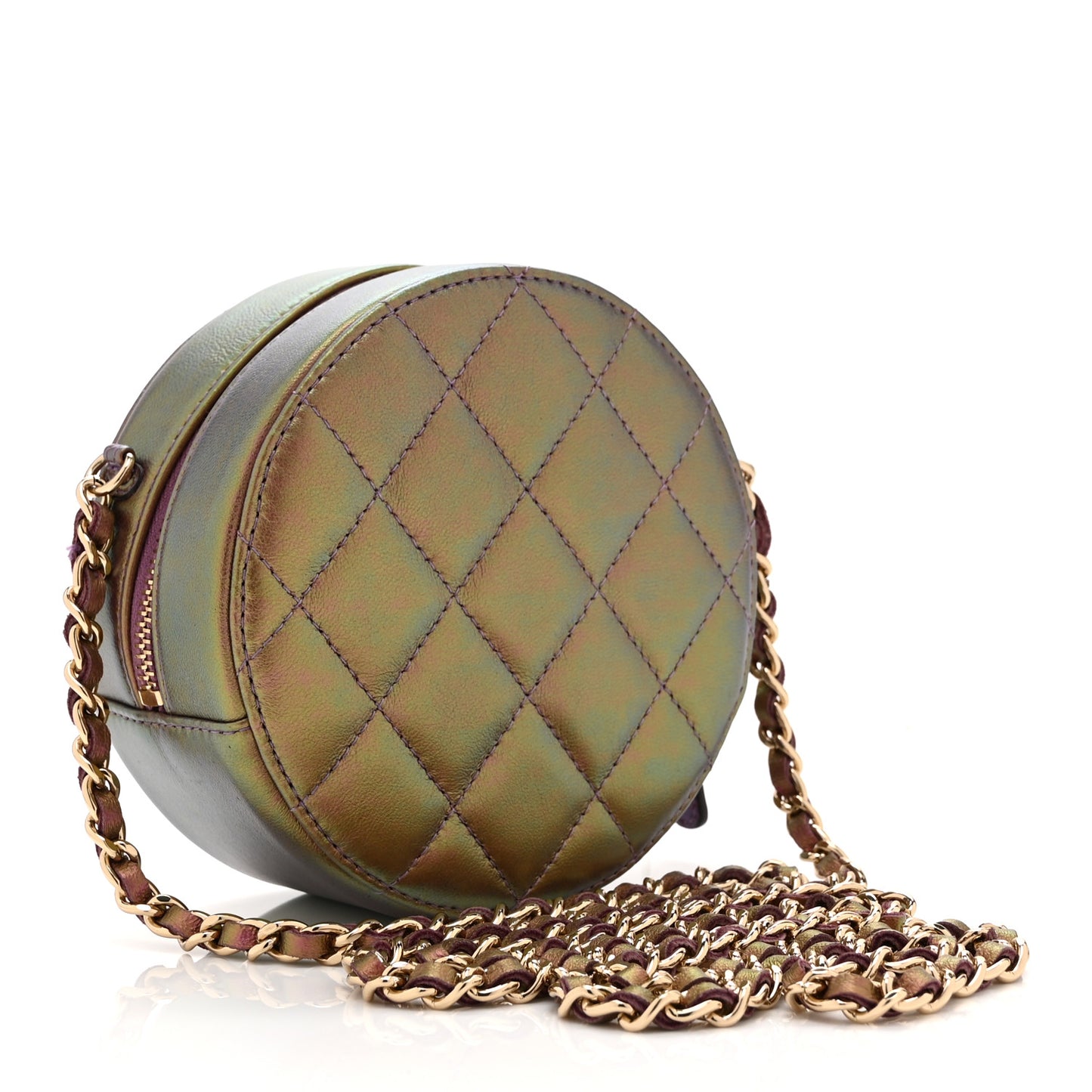 Iridescent Lambskin Quilted Round Clutch With Chain Purple