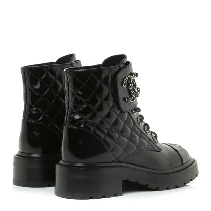 Chanel Shiny Calfskin Quilted Lace Up Combat Boots 36.5 Black 4 of 12