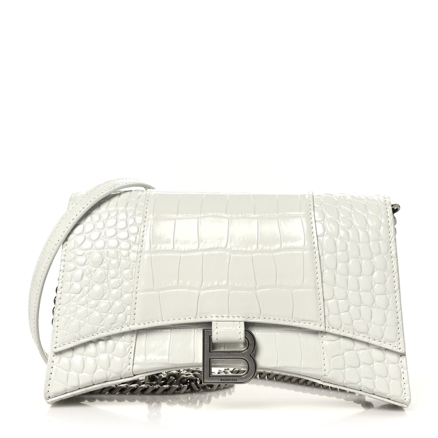 Shiny Calfskin Crocodile Embossed Small Hourglass Evening Chain Bag White