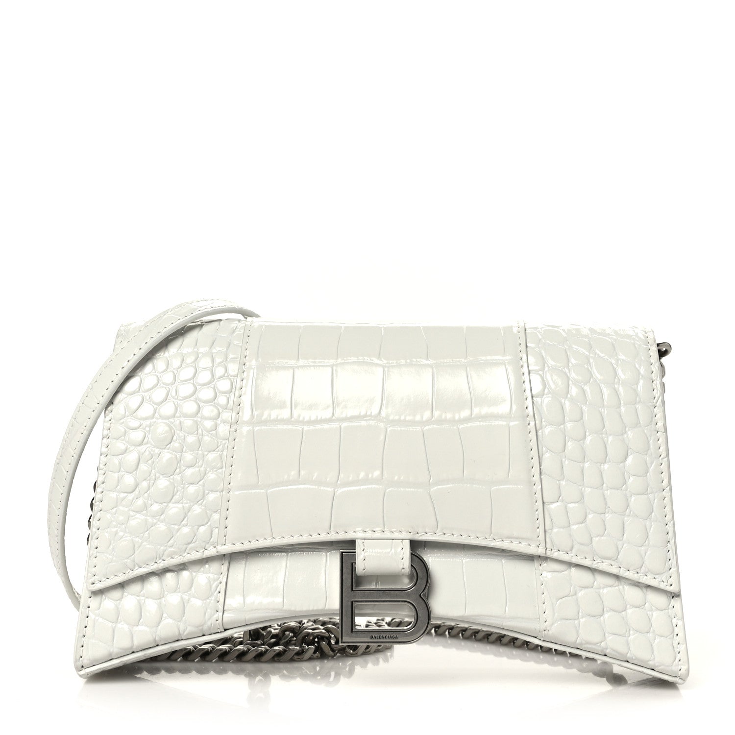 Balenciaga Shiny Calfskin Crocodile Embossed Small Hourglass Evening Chain Bag White 1 of 9
