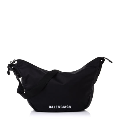 Balenciaga Recycled Sport Nylon Logo Embroidered Large Wheel Sling Bag Black White 1 of 11
