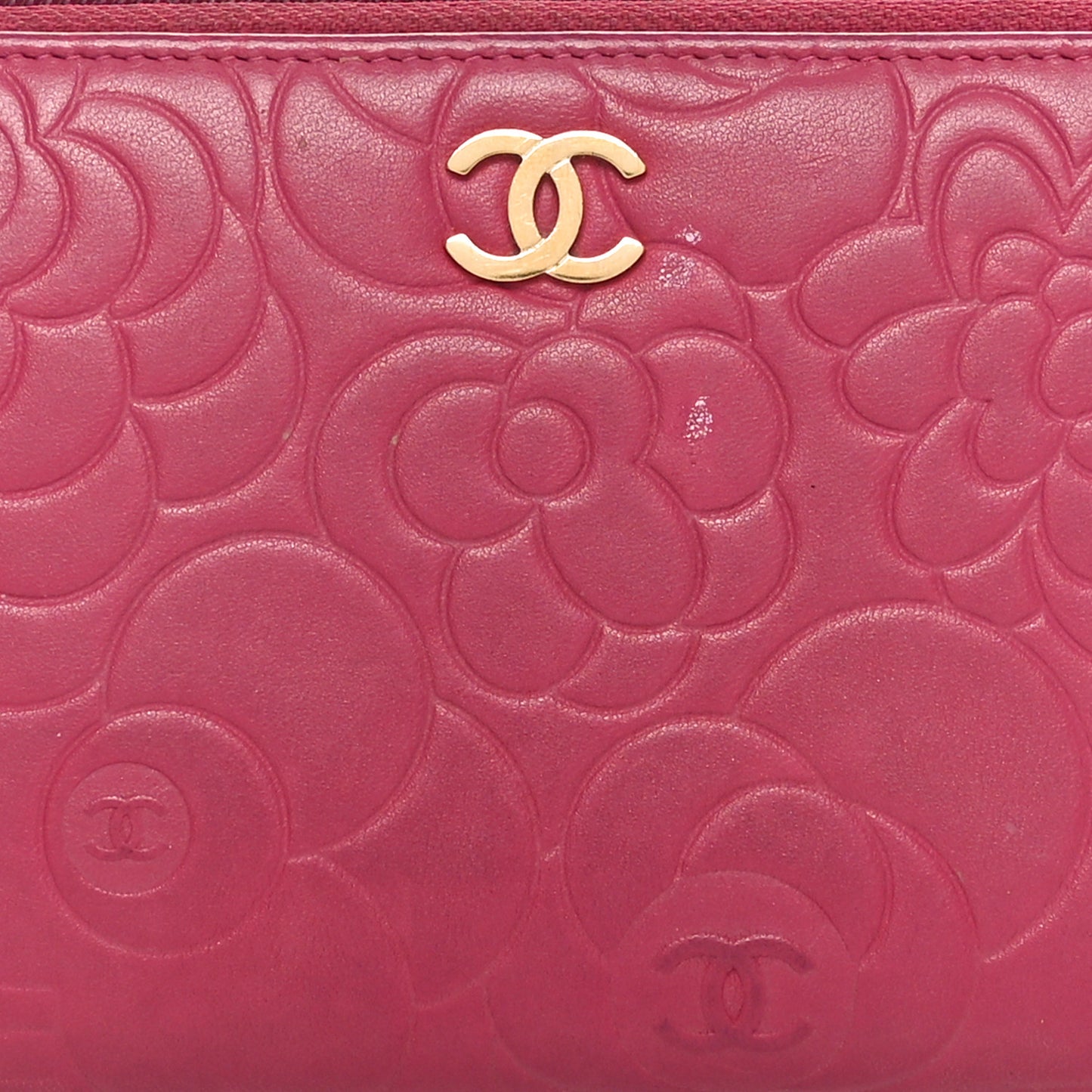 Lambskin Camellia Embossed Large Gusset Zip Around Wallet Fuchsia