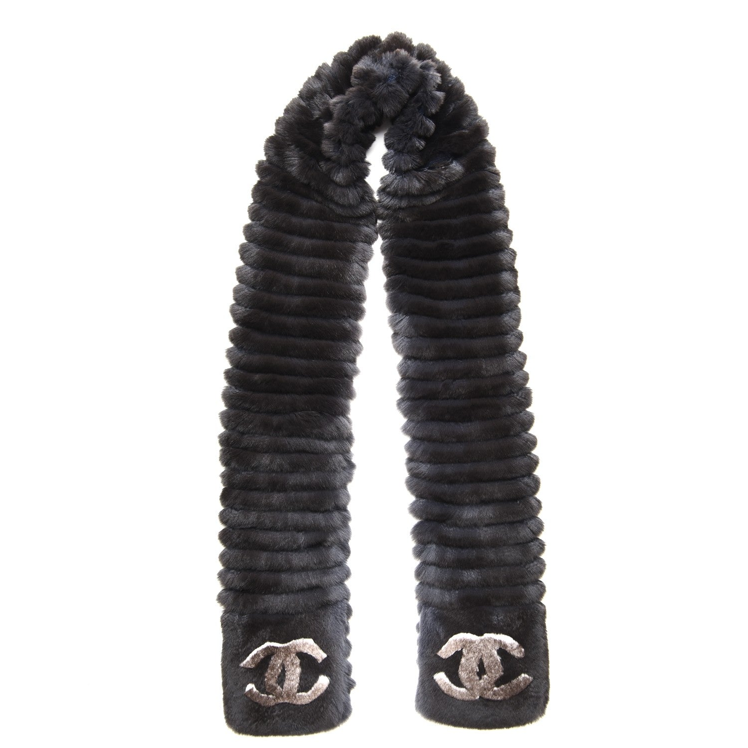 Chanel Orylag Rabbit Fur CC Scarf Black Grey 1 of 4