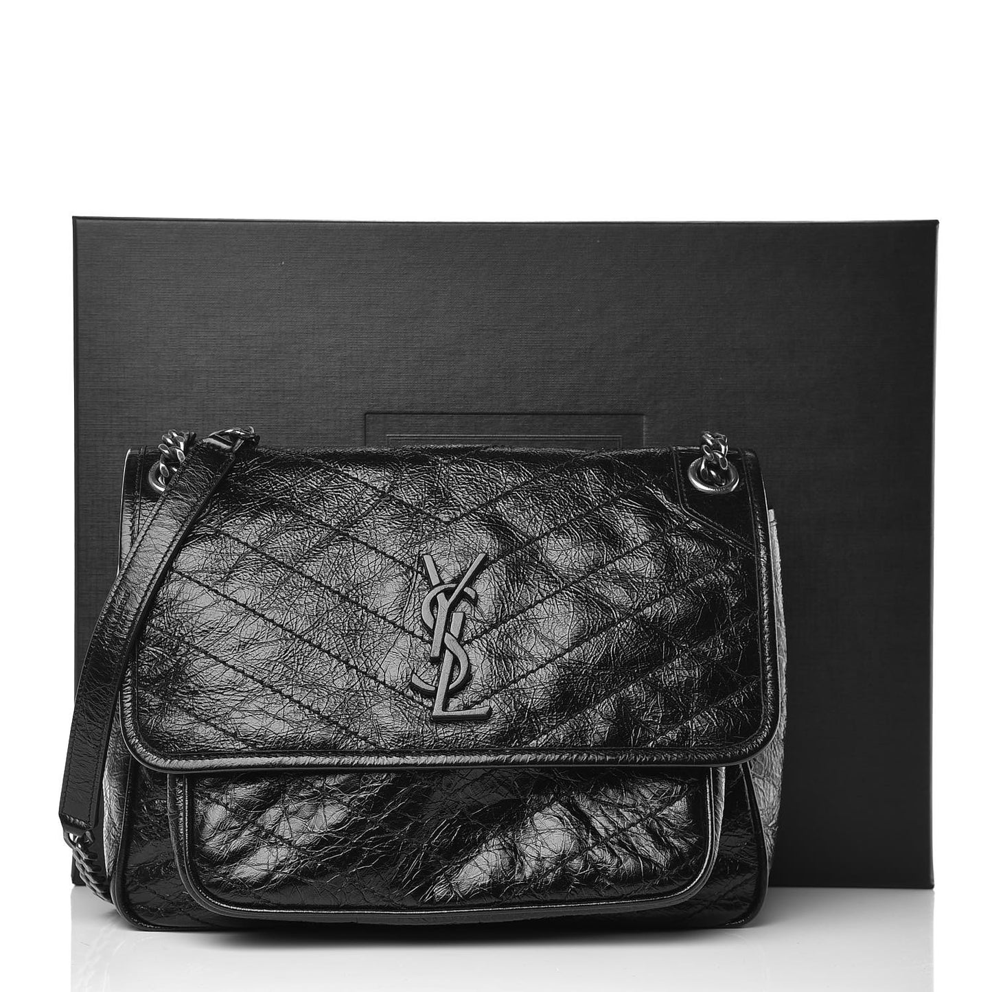 Crinkled Calfskin Matelasse Monogram Medium Niki Chain Satchel Black