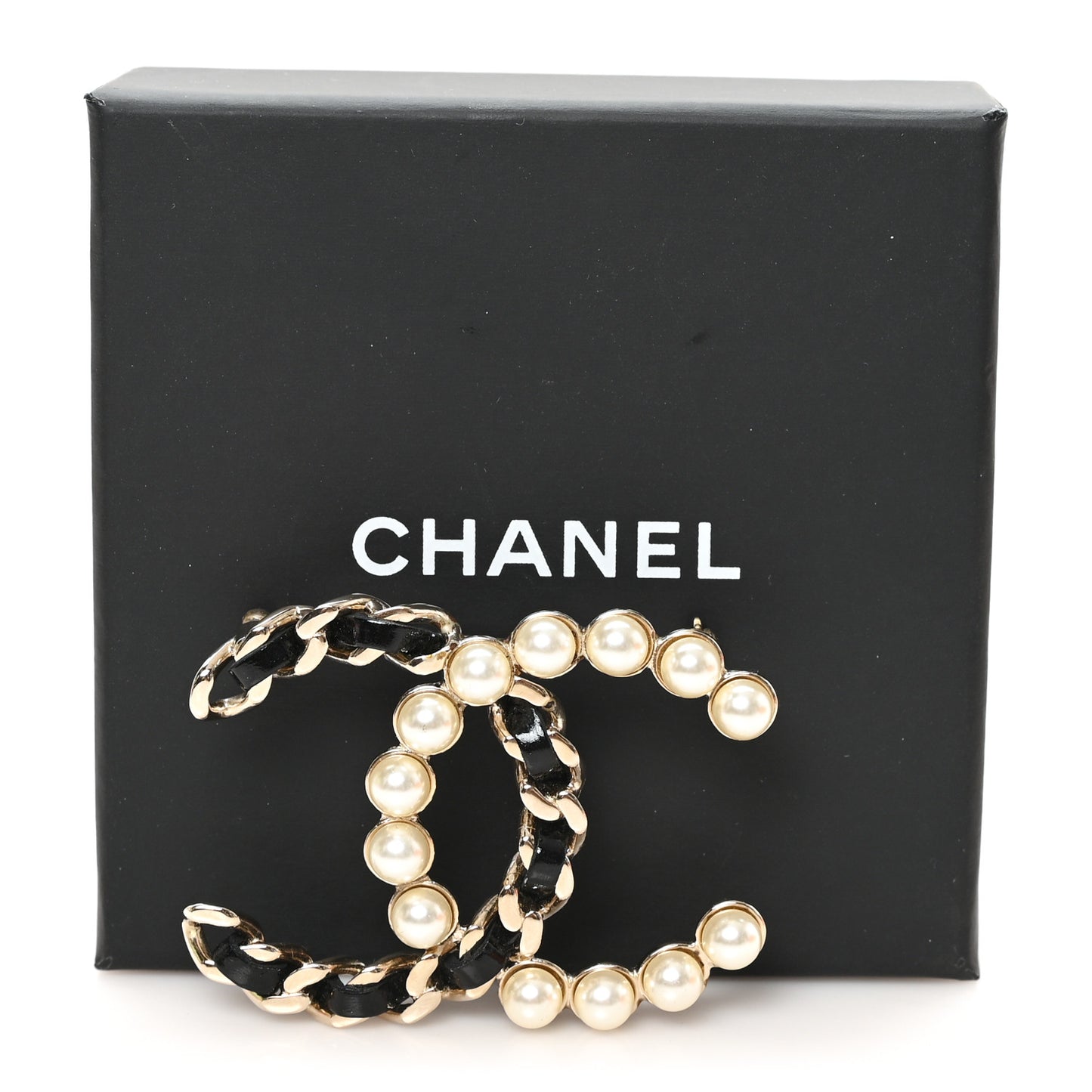 Lambskin Pearl CC Chain Brooch Black Gold
