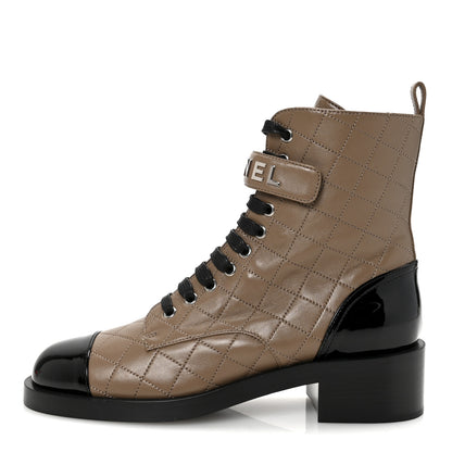 Chanel Lambskin Patent Calfskin Quilted Logo Lace Up Combat Boots 40.5 Light Gray Black 1 of 10