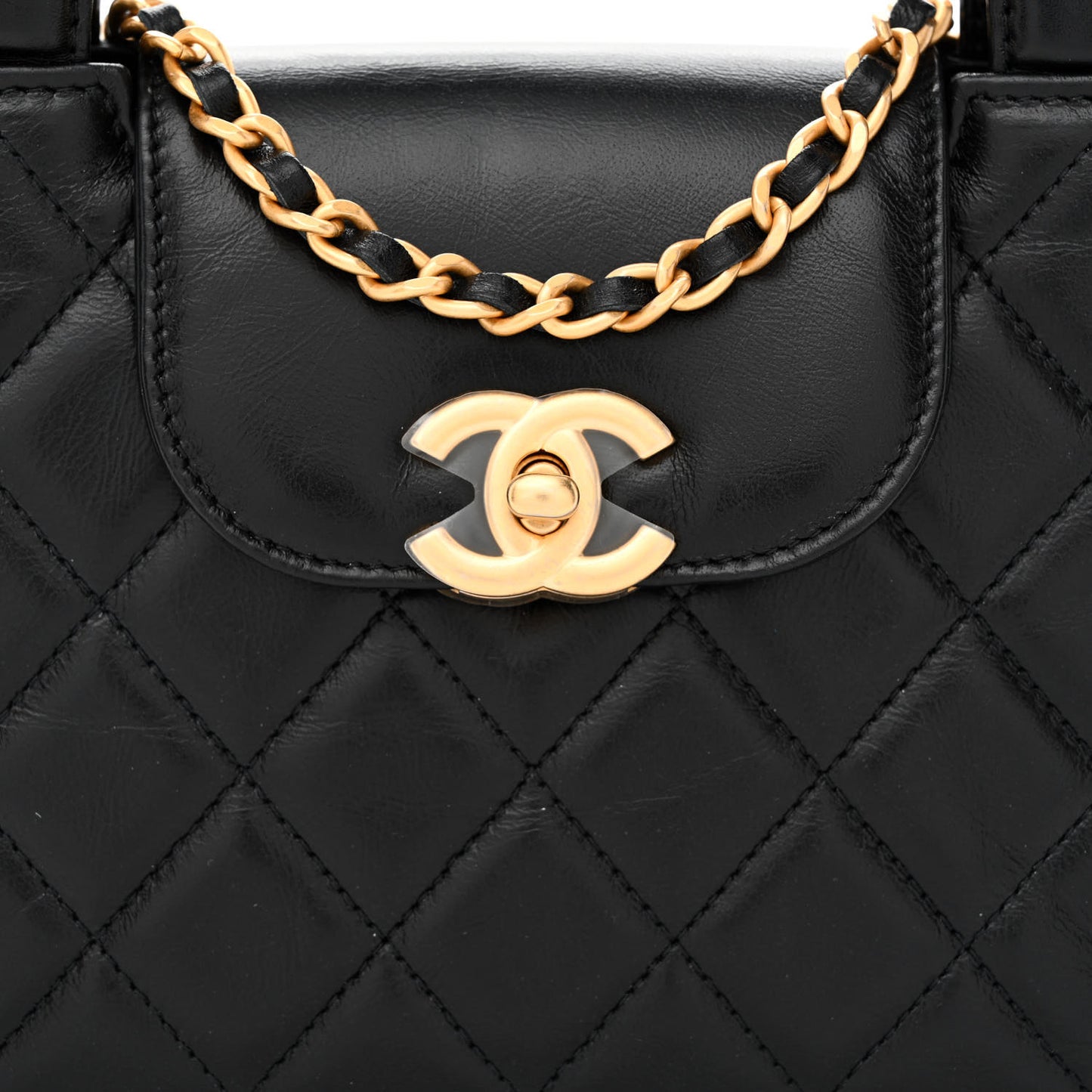 Shiny Aged Calfskin Quilted Nano Kelly Shopper Black