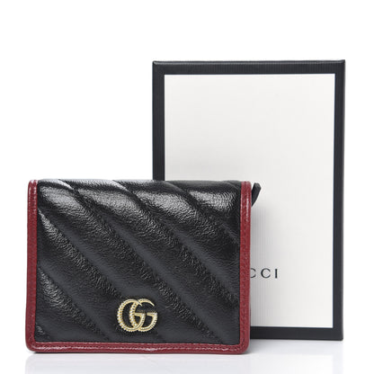 Gucci Vintage Effect Calfskin Matelasse Diagonal Torchon GG Marmont Card Case Wallet Black Romantic Cherry 8 of 8