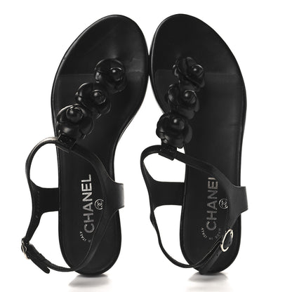 Chanel Calfskin Camellia Thong Sandals 39.5 Black 2 of 9