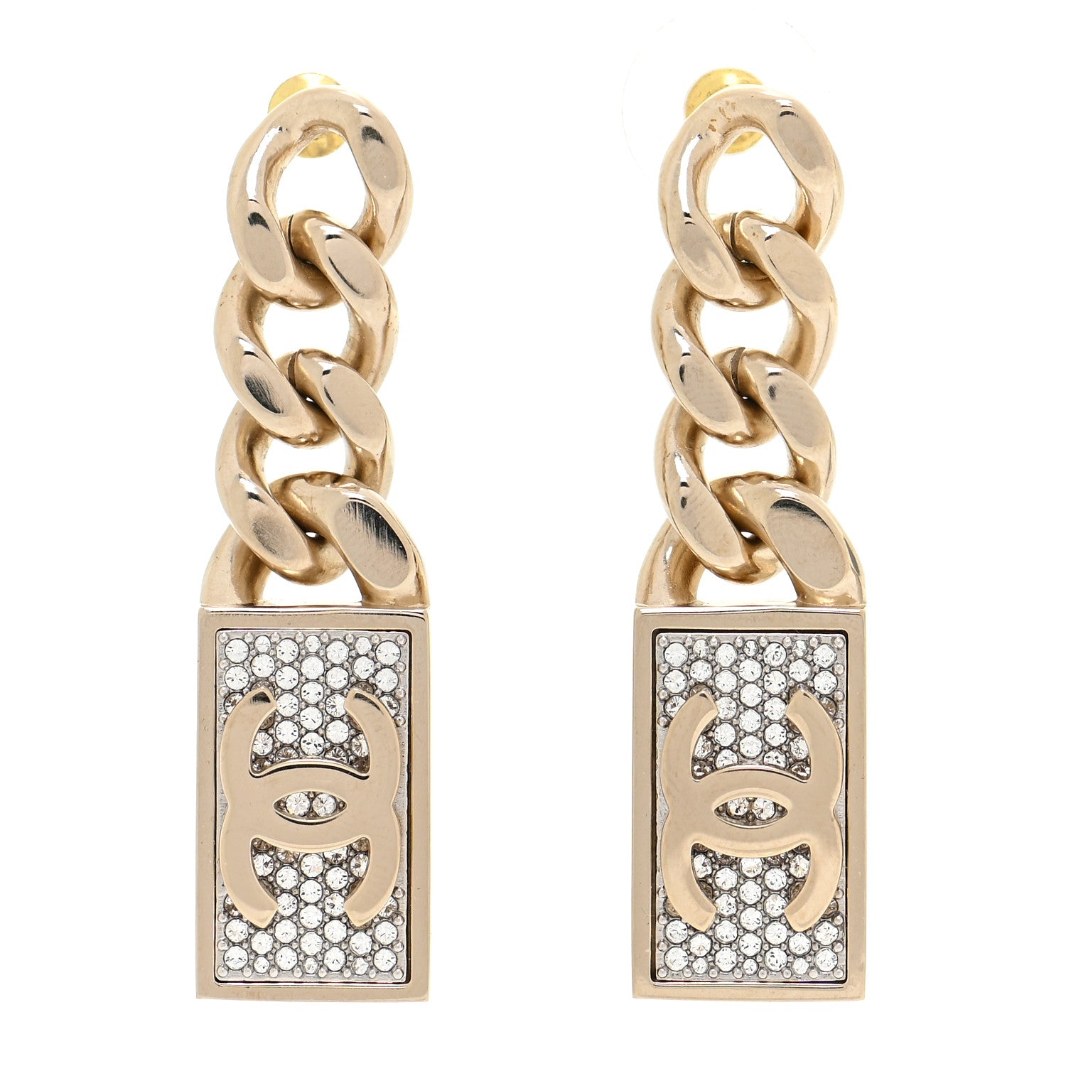 Chanel Crystal Dog Tag Charm Earrings Gold 1 of 6