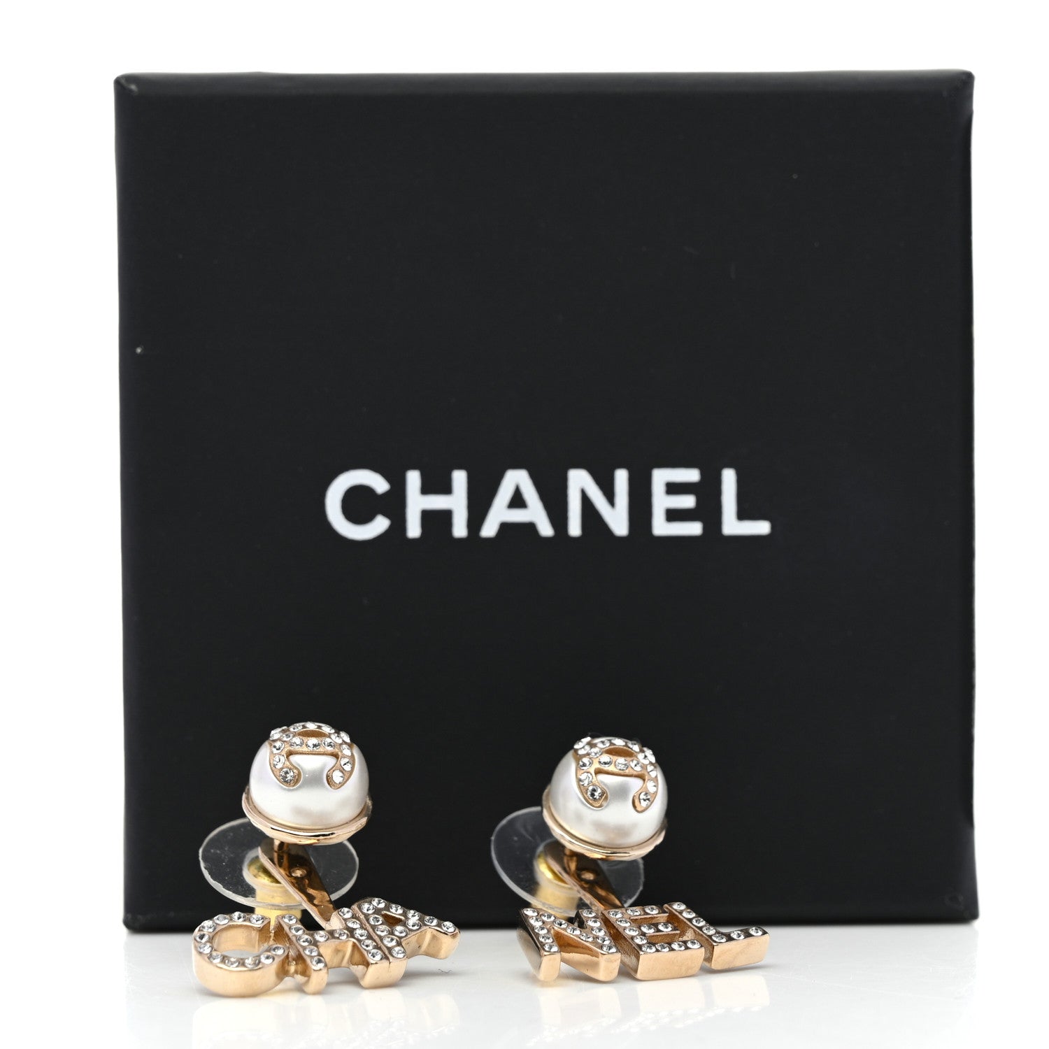 Chanel Pearl Crystal Logo Earrings Gold Pearly White 5 of 5