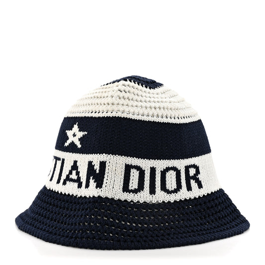 Cotton Blend Knitted D-Tulipe Cloche Hat M Blue White