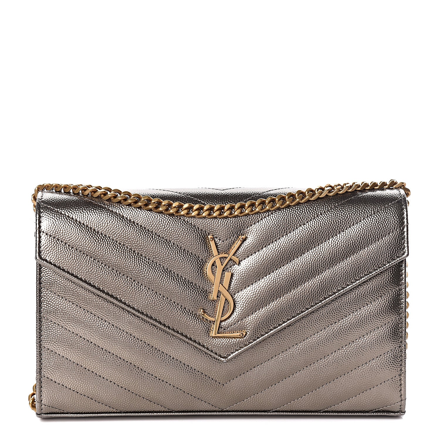 Saint Laurent Iridescent Grain De Poudre Matelasse Chevron Monogram Chain Wallet Gold 1 of 11
