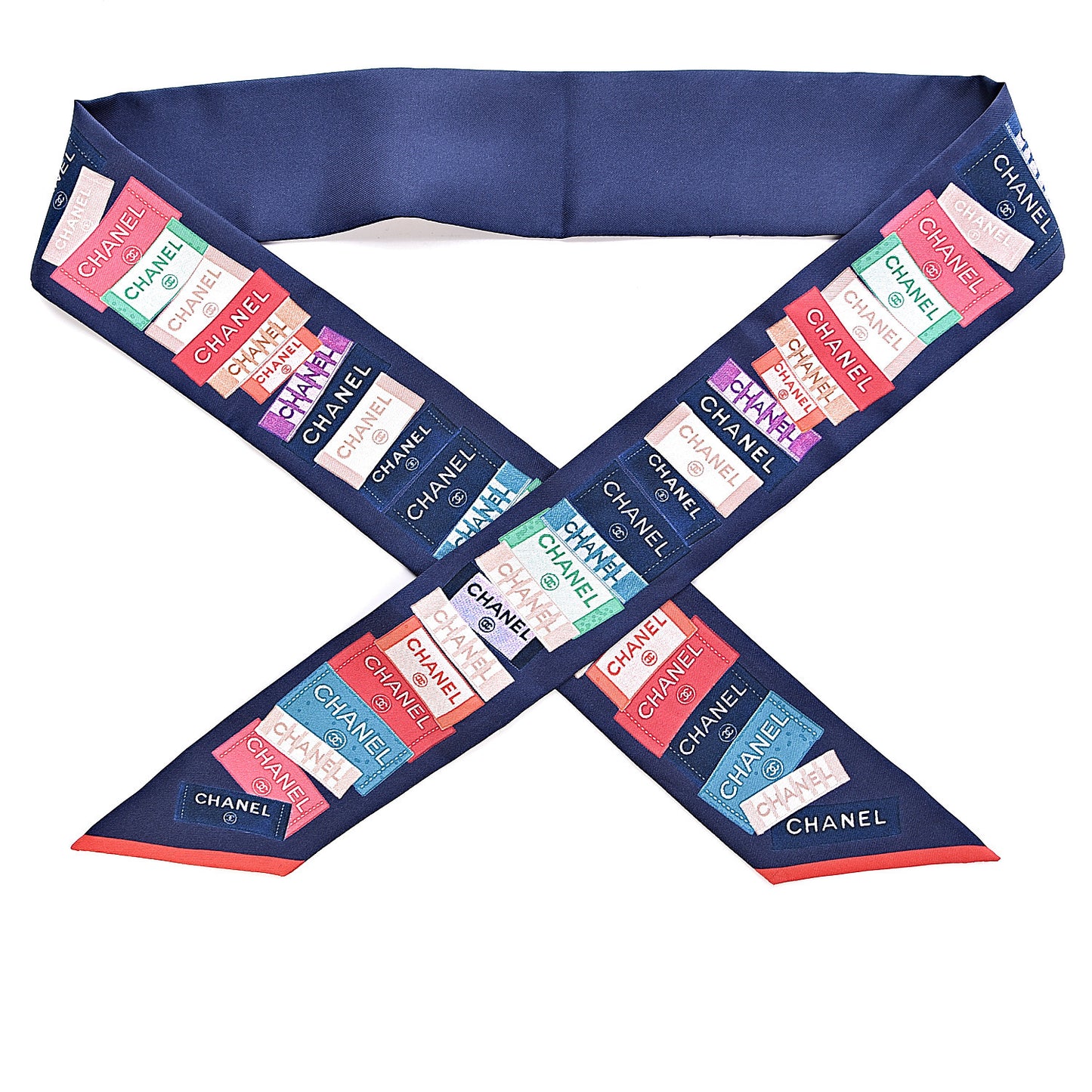 Silk Twill Slim Bandeau Scarf Navy Blue Red