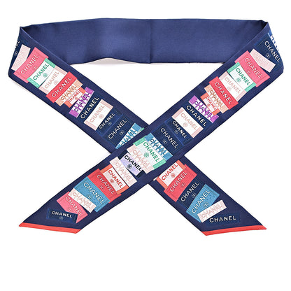 Chanel Silk Twill Slim Bandeau Scarf Navy Blue Red 1 of 4