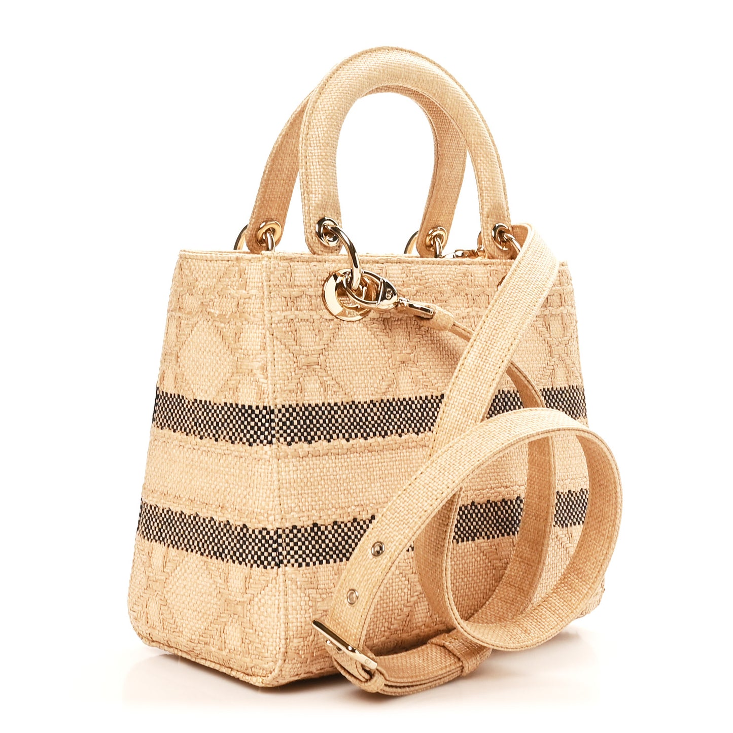 Raffia Woven Cannage Embroidered Medium Lady D-Lite Natural Black