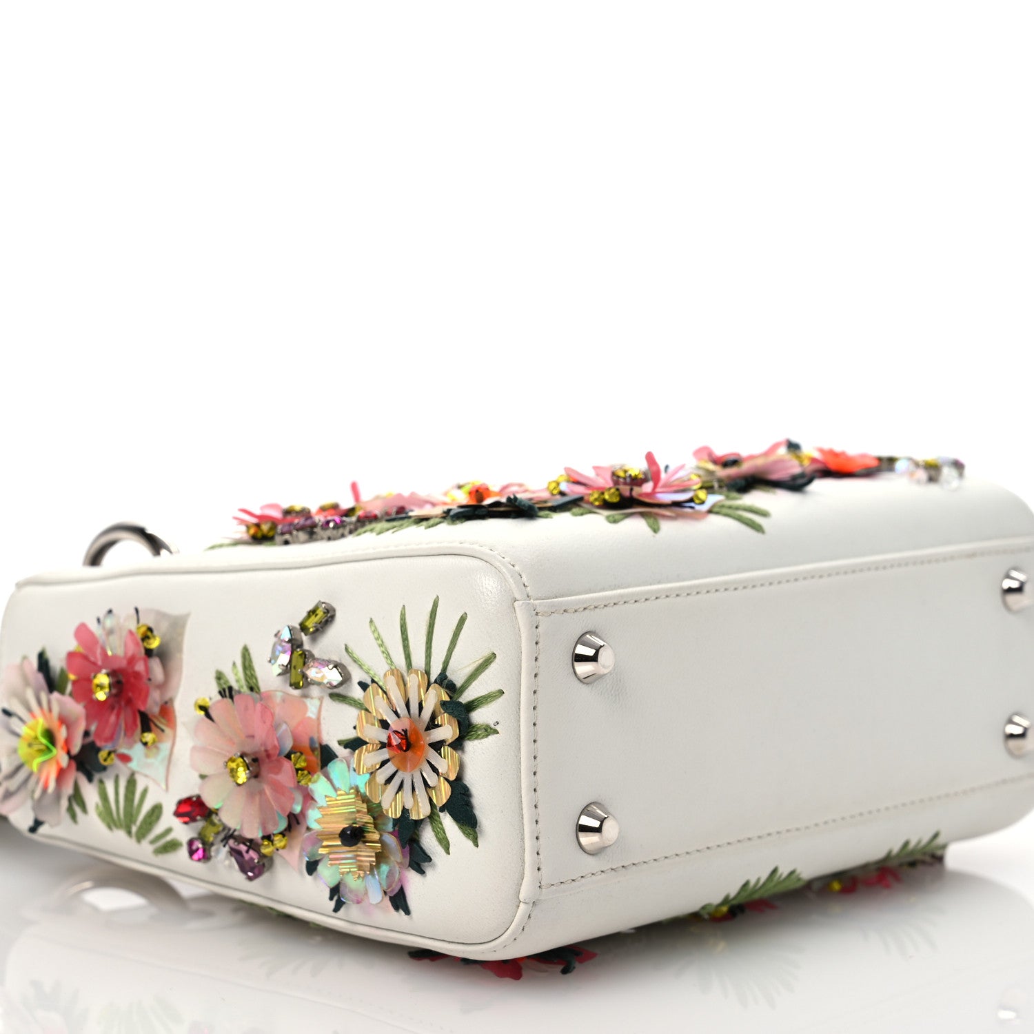 Christian Dior Lizard Satin Beaded Floral Embroidered Mini Lady Dior White Green Multicolor 7 of 12