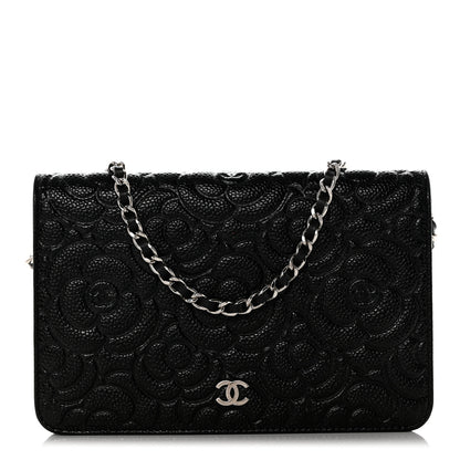 Chanel Caviar Camellia Embossed Wallet On Chain WOC Black 1 of 12