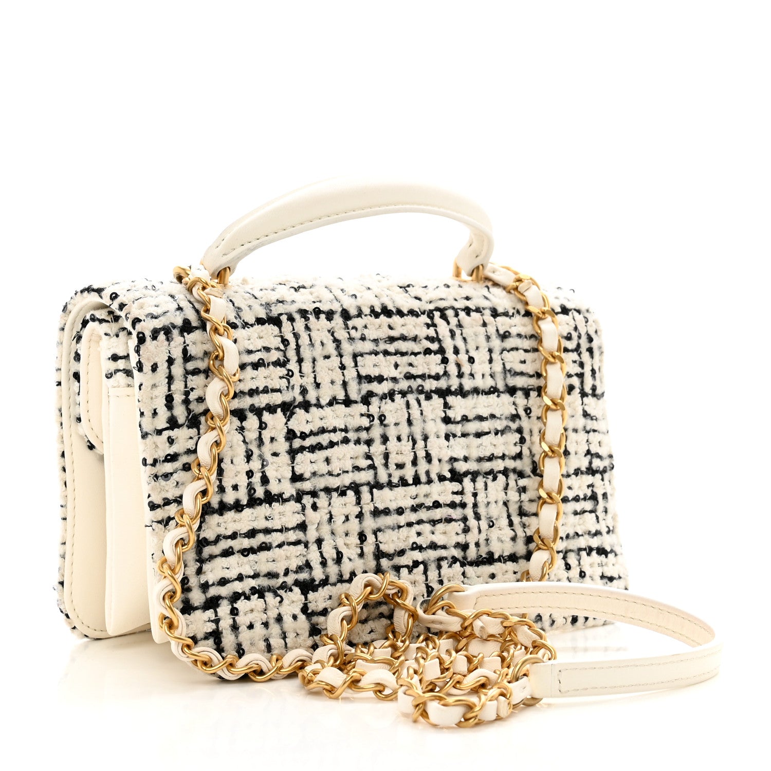 Chanel Tweed Lambskin Quilted Mini Top Handle Flap White Black 3 of 11