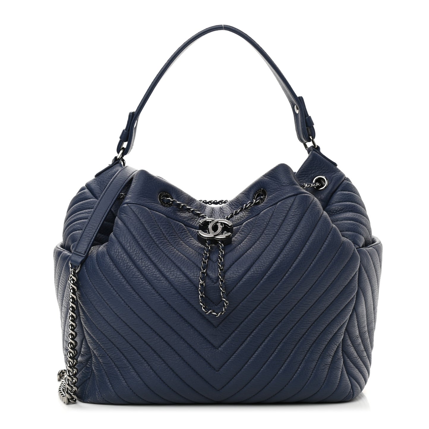 Deerskin Chevron Medium CC Chain Bucket Drawstring Bag Navy Blue