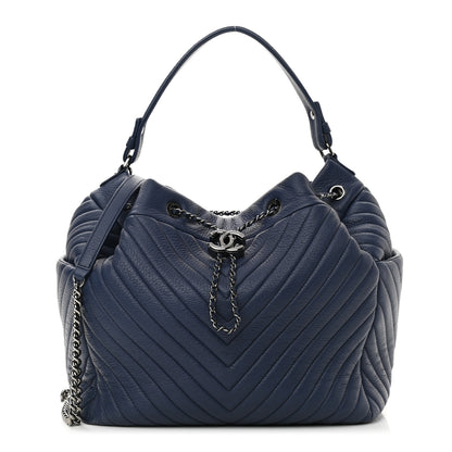 Chanel Deerskin Chevron Medium CC Chain Bucket Drawstring Bag Navy Blue 1 of 11