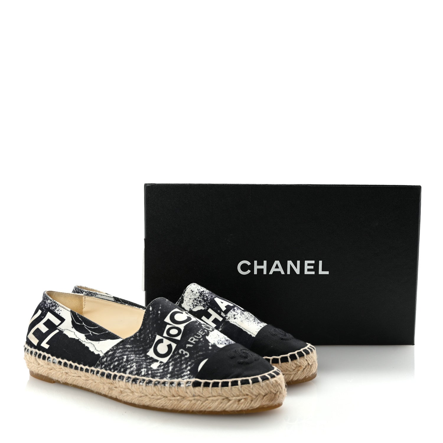 Chanel Printed Canvas Grosgrain 31 Rue Cambon Espadrilles 38 Black White 11 of 11
