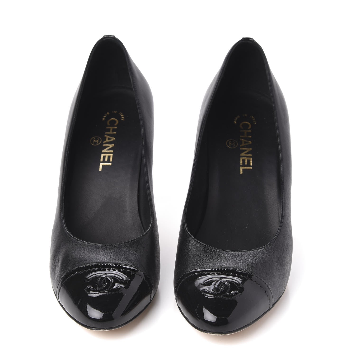 Chanel Lambskin Calfskin Patent Cap Toe CC Pumps 41 Black 2 of 9
