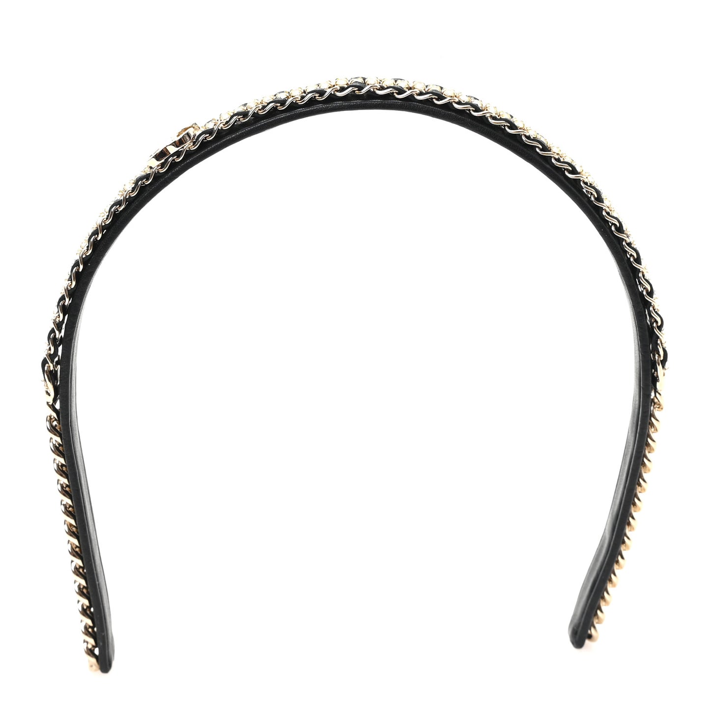 Metal Lambskin Crystal CC Chain Headband Gold Black