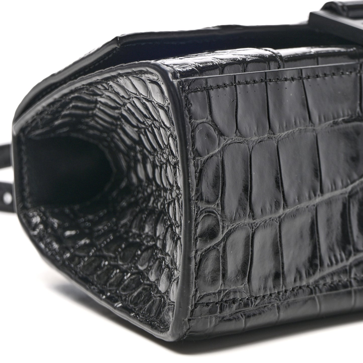 Shiny Calfskin Monochrome Crocodile Embossed Hourglass Top Handle Bag XS Black