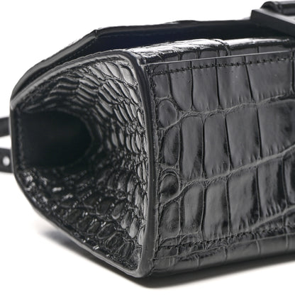 Balenciaga Shiny Calfskin Monochrome Crocodile Embossed Hourglass Top Handle Bag XS Black 10 of 12