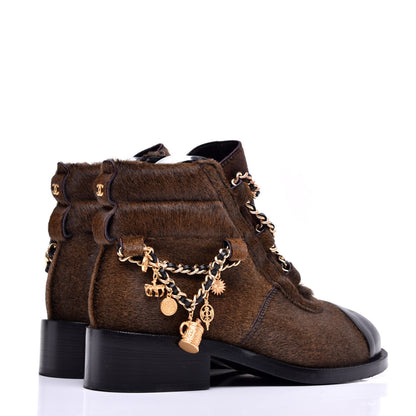 Chanel Calfskin Pony Hair CC Charm Chain Cap Toe Short Boots 37 Brown Black 3 of 8