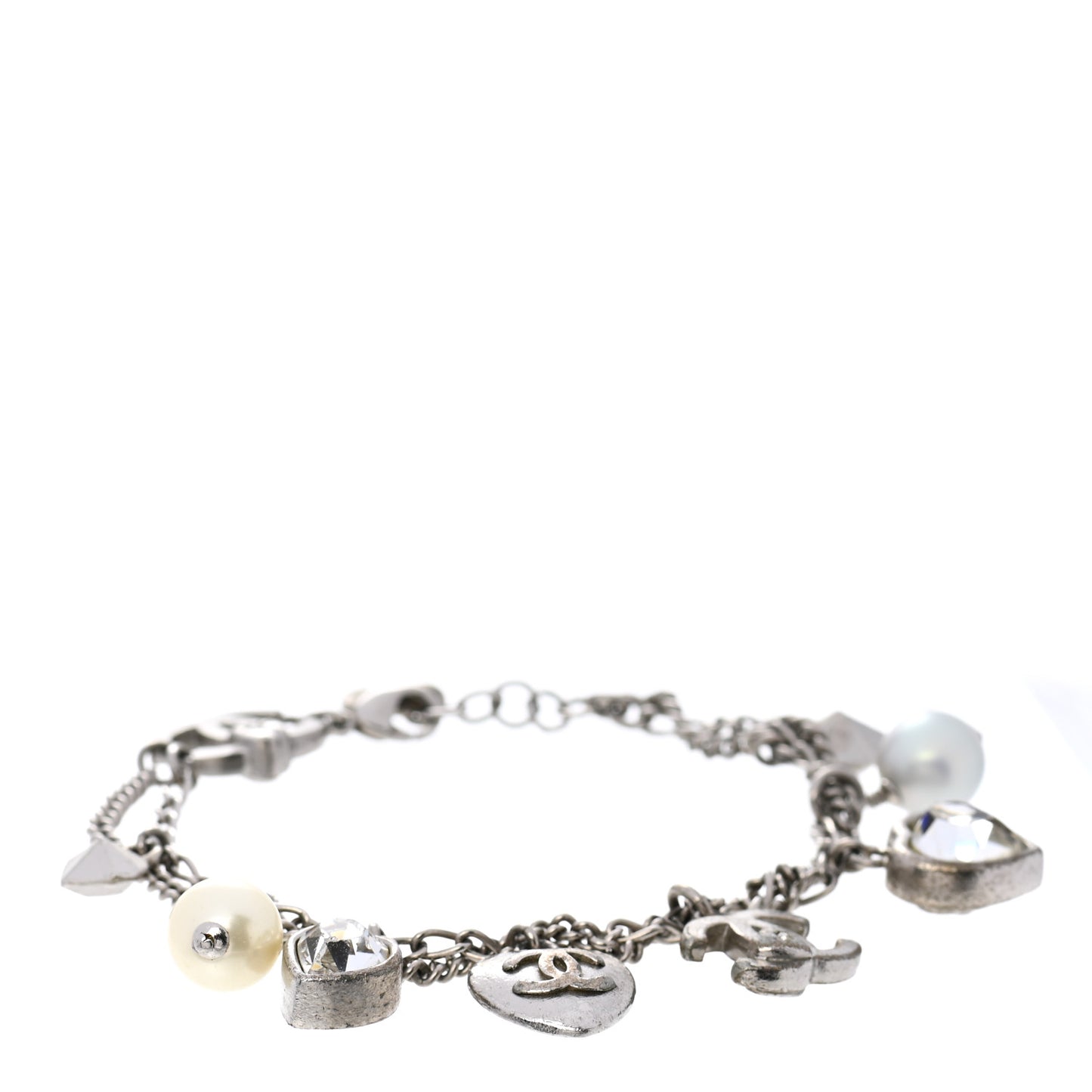 Crystal Pearl Heart CC Charm Bracelet Silver