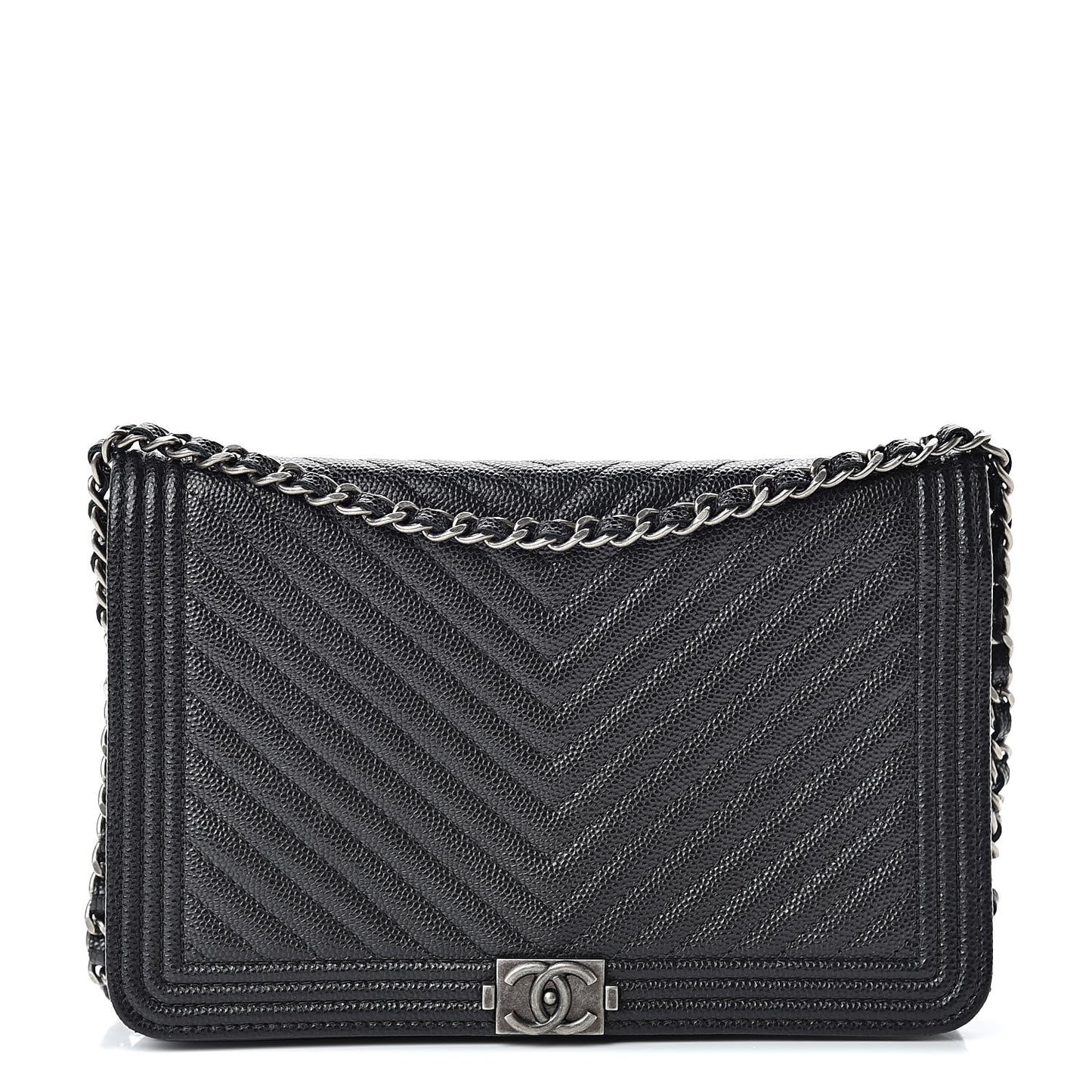 Caviar Chevron Quilted Boy Wallet On Chain WOC Black