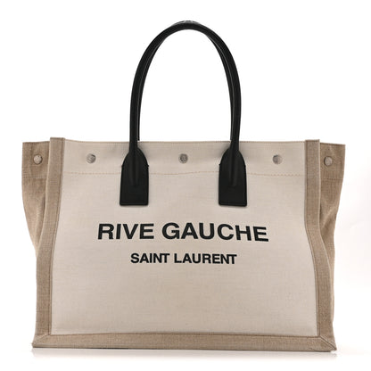Saint Laurent Linen Calfskin Small Rive Gauche Tote Greggio Natural 1 of 10