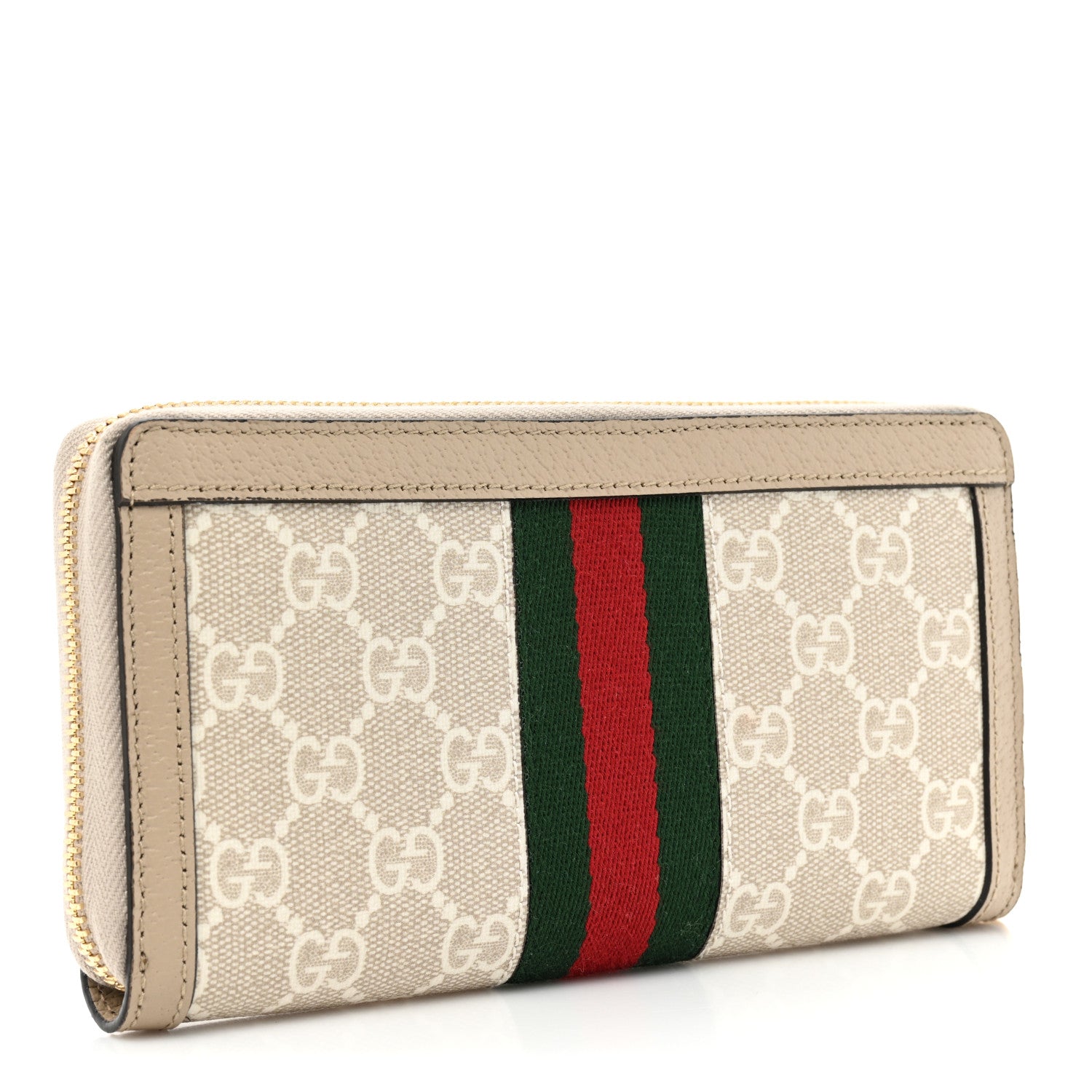 Gucci GG Supreme Monogram Textured Dollar Calfskin Web Ophidia Zip Around Wallet Beige Mystic White Oatmeal 3 of 14