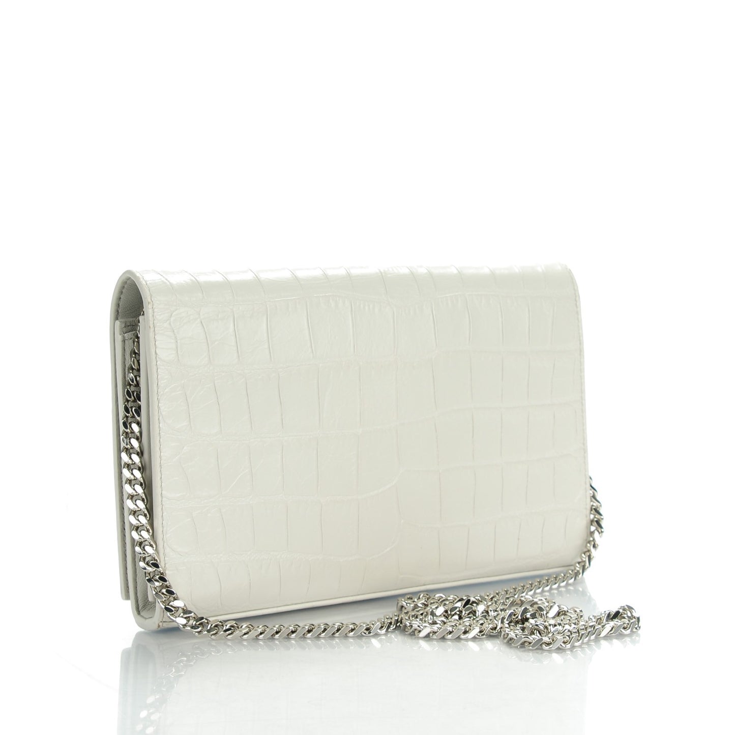 SAINT LAUREN Calfskin Crocodile Embossed Monogram Chain Wallet Pearl White