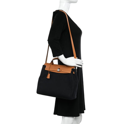 Hermes Toile Vache Calfskin Herbag 30 PM Black Natural 2 of 12