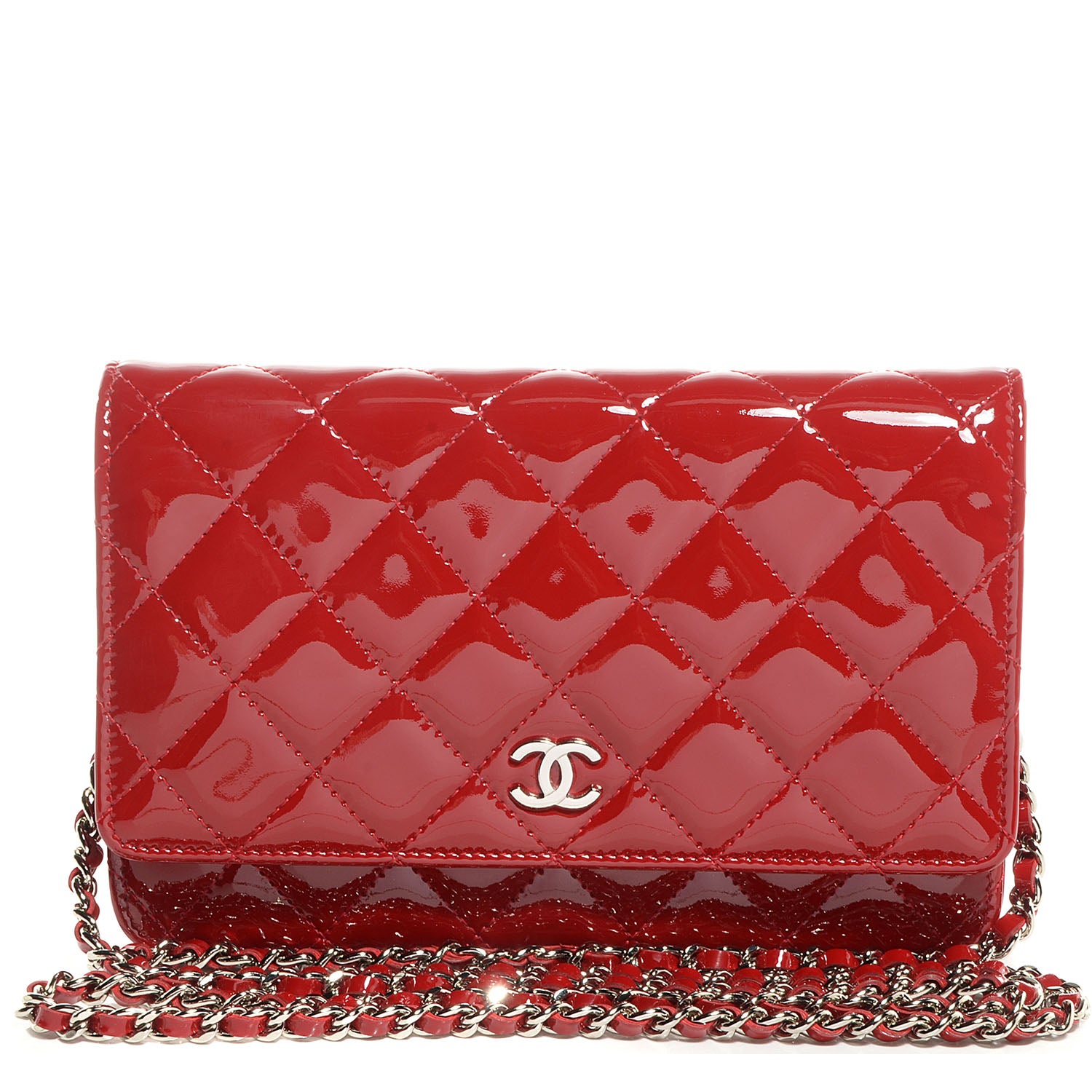 Chanel Patent Quilted Wallet On Chain WOC Red 1 of 8